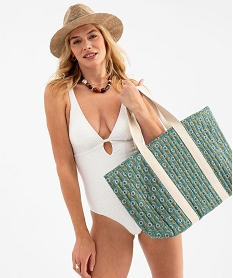 GEMO Sac cabas zippé grand format en toile fleurie femme Bleu