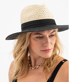 chapeau de paille bicolore avec bande de tissu femme beigeH077601_3