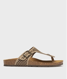 GEMO Sandales plates en cuir à entredoigt et large bride ajourée femme Beige