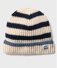 bonnet grosse maille a rayures bebe garcon beige standardH127801_3