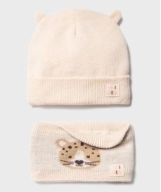 ensemble 2 pieces bonnet et tour de cou bebe fille beige standardH131801_3