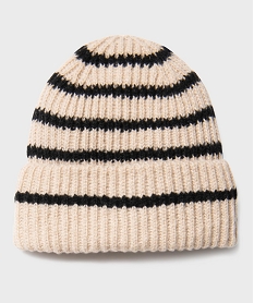 GEMO Bonnet rayé en maille côtelée à revers fille beige standard