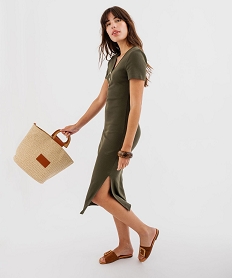 robe longue en maille cotelee a manches courtes femme kaki standardH175701_4