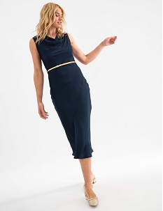 robe longue sans manches a col benitier en satin avec ceinture brillante femme bleuH196901_4