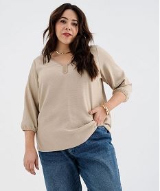 blouse manches 34 en maille fluide et col v femme grande taille beige standard blousesH225701_2