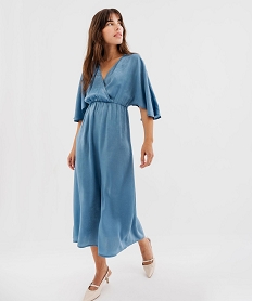 robe longue en voile satine a encolure cache-cœur femme bleu standardH245301_2