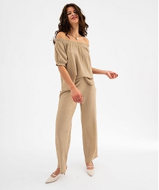 pantalon large en maille texturee et extensible femme beige standard pantalonsH245401_4