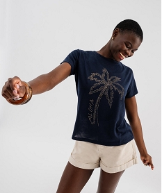 GEMO Tee-shirt manches courtes avec palmier pailleté femme Bleu