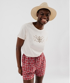 GEMO Tee-shirt manches courtes avec broderie sur le buste femme Beige