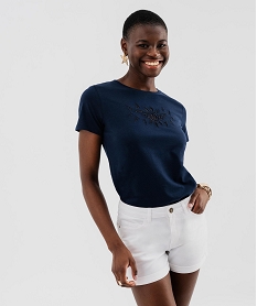 GEMO Tee-shirt manches courtes avec broderie sur le buste femme Bleu