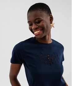 tee-shirt manches courtes avec broderie sur le buste femme bleu t-shirts manches courtesH246401_2
