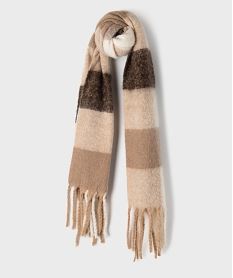 GEMO Echarpe plaid à carreaux finitions franges femme Beige