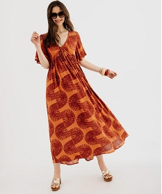 GEMO Robe longue à manches courtes amples en viscose imprimée femme Orange