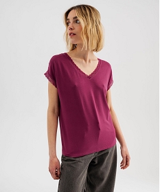 GEMO Tee-shirt à manches courtes et col V en dentelle coupe loose femme Rose