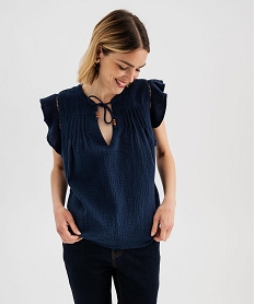 GEMO Blouse manches courtes en gaze de coton femme Bleu