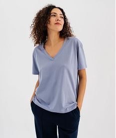 GEMO Tee-shirt manches courtes col V uni en coton femme bleu standard