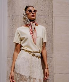 GEMO Tee-shirt manches courtes col rond uni en coton femme jaune standard