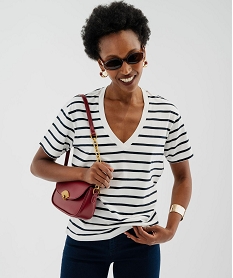 GEMO Tee-shirt manches courtes et col V à rayures femme. Imprimé