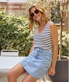 GEMO Jupe en jean délavé coupe courte et trapèze femme Bleu