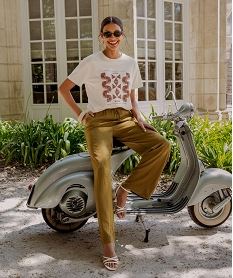 GEMO Tee-shirt manches courtes en coton imprimé femme Beige