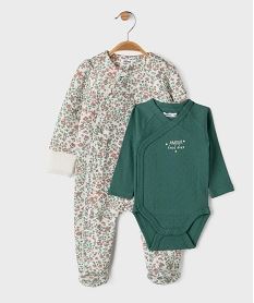 GEMO Ensemble 2 pièces bébé fille pyjama et body manches longues Vert