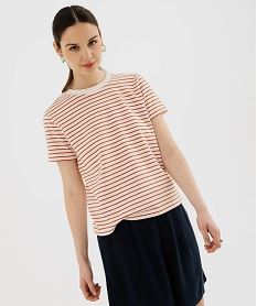 GEMO Tee-shirt manches courtes et col rond rayé en coton résistant femme Blanc