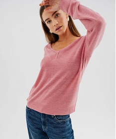 GEMO Pull col V en fine maille fluide femme rose standard