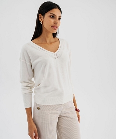 GEMO Pull col V en fine maille fluide femme Blanc