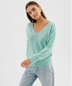 GEMO Pull col V en fine maille fluide femme vert standard