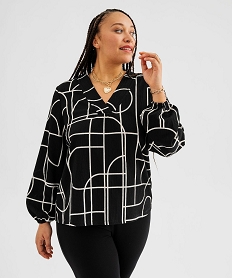 GEMO Tee-shirt imprimé à manches longues à col V femme grande taille Noir