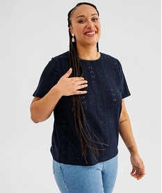 GEMO Tee-shirt manches courtes en maille ajourée femme grande taille Bleu