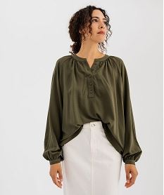 blouse manches longues en viscose unie a col rond boutonne femme kaki standard chemisiersI840301_3