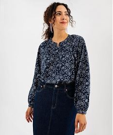 blouse manches longues en viscose fleurie a col rond boutonne femme bleu chemisiersI840701_2