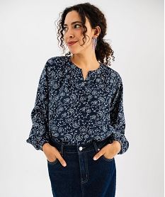 blouse manches longues en viscose fleurie a col rond boutonne femme bleu chemisiersI840701_3