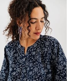 blouse manches longues en viscose fleurie a col rond boutonne femme bleu chemisiersI840701_4