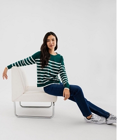 GEMO Pull fin à larges rayures avec boutons sur l’épaule femme Vert
