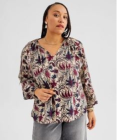 blouse fluide a motifs fleuris avec volants femme grande taille beige blousesI898201_4