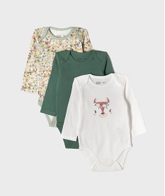 GEMO Bodies manches longues à motifs fleuris bébé fille (lot de 3) Vert