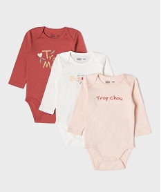 GEMO Bodies manches longues avec messages bébé fille (lot de 3) Rose