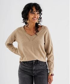 pull col v en fine maille fluide pailletee femme beige standard pullsI918201_4