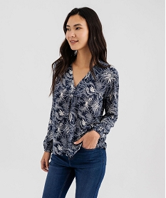 GEMO Tee-shirt manches longues imprimé col V fantaisie femme Bleu