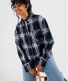 GEMO Chemise à carreaux et motifs brodés ajourés femme bleu standard