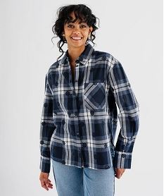chemise a carreaux et motifs brodes ajoures femme bleu standard chemisiersI928901_2