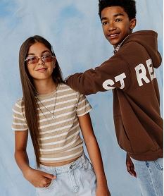 GEMO Tee-shirt manches courtes en maille côtelée à rayures fille beige standard