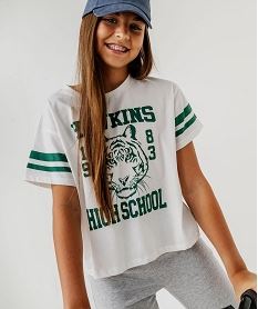 GEMO Tee-shirt manches courtes loose et court imprimé fille - Stranger Things Beige