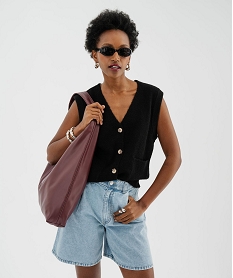 GEMO Gilet sans manches en laine à poches et gros boutons femme noir standard