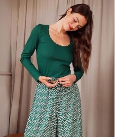 GEMO Tee-shirt manches longues avec col rond en dentelle femme vert standard