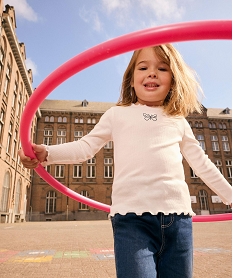 GEMO Tee-shirt manches longues à motif brodé et finitions froncées bébé fille Beige