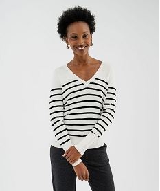 GEMO Pull col V en maille fine et douce rayée femme Blanc