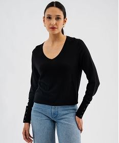 GEMO Pull col V en maille viscose fine et souple femme noir standard